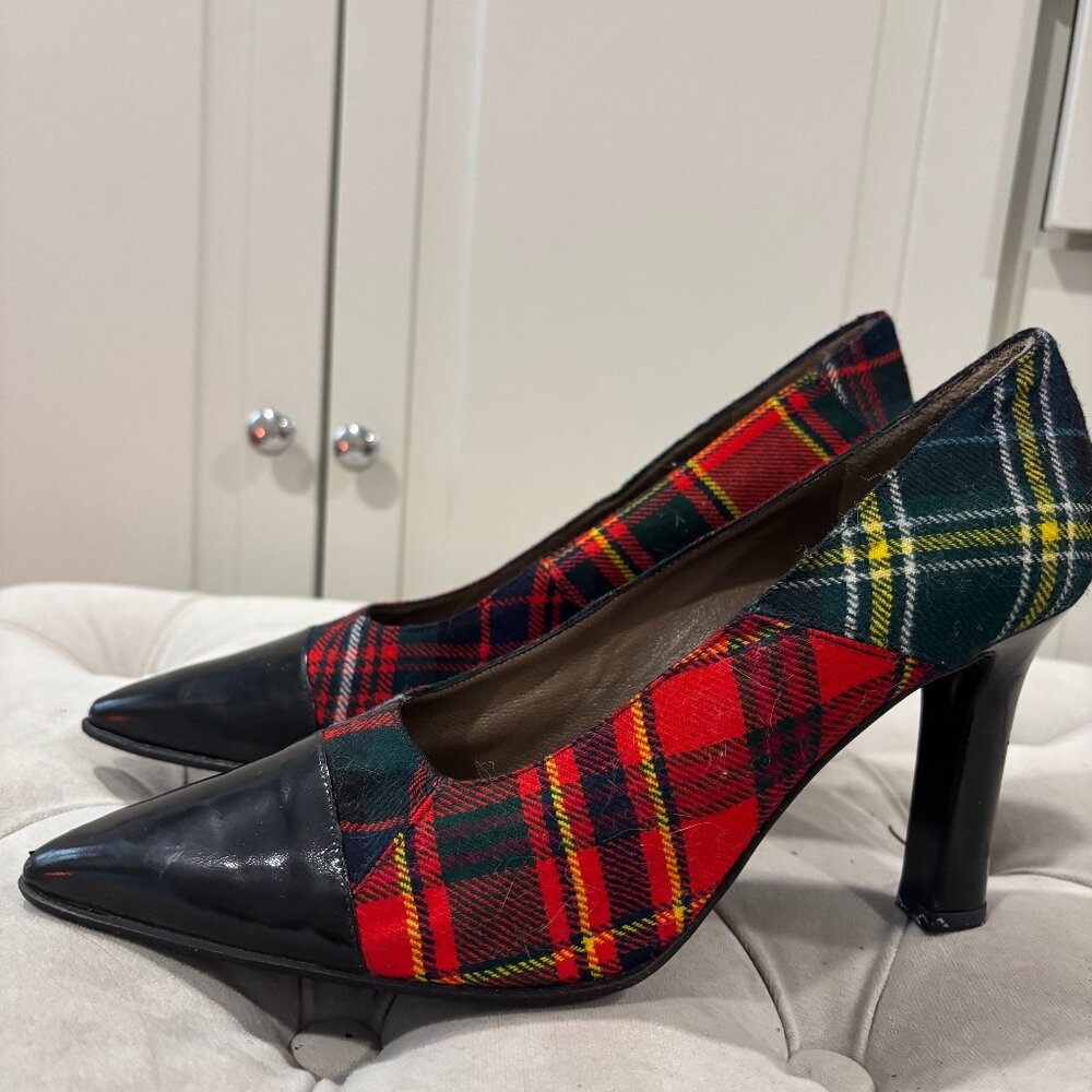 Vintage Italian Plaid and Black Leather Heel - Patrick Cox
